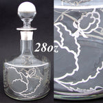 Lovely Antique to Vintage American Sterling Silver Overlay 28oz Decanter, Intaglio Engraved Chrysanthemums