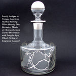 Lovely Antique to Vintage American Sterling Silver Overlay 28oz Decanter, Intaglio Engraved Chrysanthemums