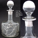 Lovely Antique to Vintage American Sterling Silver Overlay 28oz Decanter, Intaglio Engraved Chrysanthemums