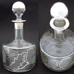 Lovely Antique to Vintage American Sterling Silver Overlay 28oz Decanter, Intaglio Engraved Chrysanthemums