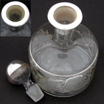 Lovely Antique to Vintage American Sterling Silver Overlay 28oz Decanter, Intaglio Engraved Chrysanthemums