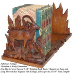 Antique Black Forest Carved 15.5" Desk Top Expanding Book Rack, Ibex & Chamois Figures