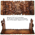 Antique Black Forest Carved 15.5" Desk Top Expanding Book Rack, Ibex & Chamois Figures
