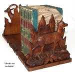Antique Black Forest Carved 15.5" Desk Top Expanding Book Rack, Ibex & Chamois Figures