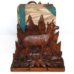 Antique Black Forest Carved 15.5" Desk Top Expanding Book Rack, Ibex & Chamois Figures