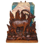 Antique Black Forest Carved 15.5" Desk Top Expanding Book Rack, Ibex & Chamois Figures