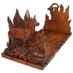 Antique Black Forest Carved 15.5" Desk Top Expanding Book Rack, Ibex & Chamois Figures