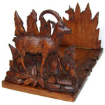 Antique Black Forest Carved 15.5" Desk Top Expanding Book Rack, Ibex & Chamois Figures