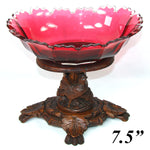 Antique Victorian Black Forest Carved Stand with Rooster or Cock, Clear to Cranberry Cut Glass Tazza