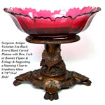 Antique Victorian Black Forest Carved Stand with Rooster or Cock, Clear to Cranberry Cut Glass Tazza