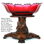 Antique Victorian Black Forest Carved Stand with Rooster or Cock, Clear to Cranberry Cut Glass Tazza