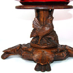 Antique Victorian Black Forest Carved Stand with Rooster or Cock, Clear to Cranberry Cut Glass Tazza