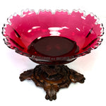 Antique Victorian Black Forest Carved Stand with Rooster or Cock, Clear to Cranberry Cut Glass Tazza