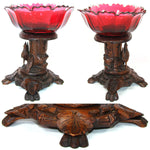 Antique Victorian Black Forest Carved Stand with Rooster or Cock, Clear to Cranberry Cut Glass Tazza