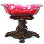 Antique Victorian Black Forest Carved Stand with Rooster or Cock, Clear to Cranberry Cut Glass Tazza