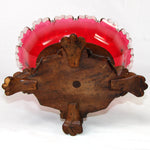 Antique Victorian Black Forest Carved Stand with Rooster or Cock, Clear to Cranberry Cut Glass Tazza