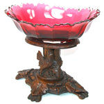 Antique Victorian Black Forest Carved Stand with Rooster or Cock, Clear to Cranberry Cut Glass Tazza