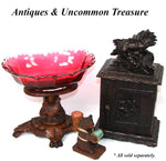 Antique Victorian Black Forest Carved Stand with Rooster or Cock, Clear to Cranberry Cut Glass Tazza