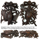 Antique Victorian Era Black Forest Carved 11" Plaque Pair, Fruits of the Hunt Bird & Fish