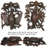 Antique Victorian Era Black Forest Carved 11" Plaque Pair, Fruits of the Hunt Bird & Fish