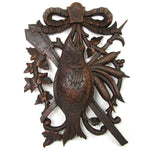 Antique Victorian Era Black Forest Carved 11" Plaque Pair, Fruits of the Hunt Bird & Fish