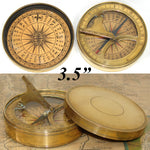 Antique Likely c. 1750-1850 Pocket Compass with Folding Sundial, Heavy Bronze or Brass