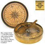 Antique Likely c. 1750-1850 Pocket Compass with Folding Sundial, Heavy Bronze or Brass
