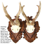 PAIR Vintage Black Forest Carved Trophy Mount, Oak Leaves with Genuine Antlers