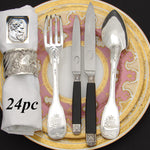 Antique French Sterling SIlver 24pc Dinner Flatware Set, Fiddle Pattern with Crown Topped Crest