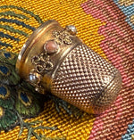 Beautiful Antique 14k Sewing Thimble Set with Coral Cabochons and Half Seed Pearls, British