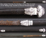 Rare Antique Victorian Era Sterling or Plate Handled 15" Riding Crop, Acanthus Accents