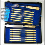 Antique French 24pc Dinner Knife Set, Carved Handles, Serving Pieces & in Chest