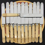 Antique French 24pc Dinner Knife Set, Carved Handles, Serving Pieces & in Chest