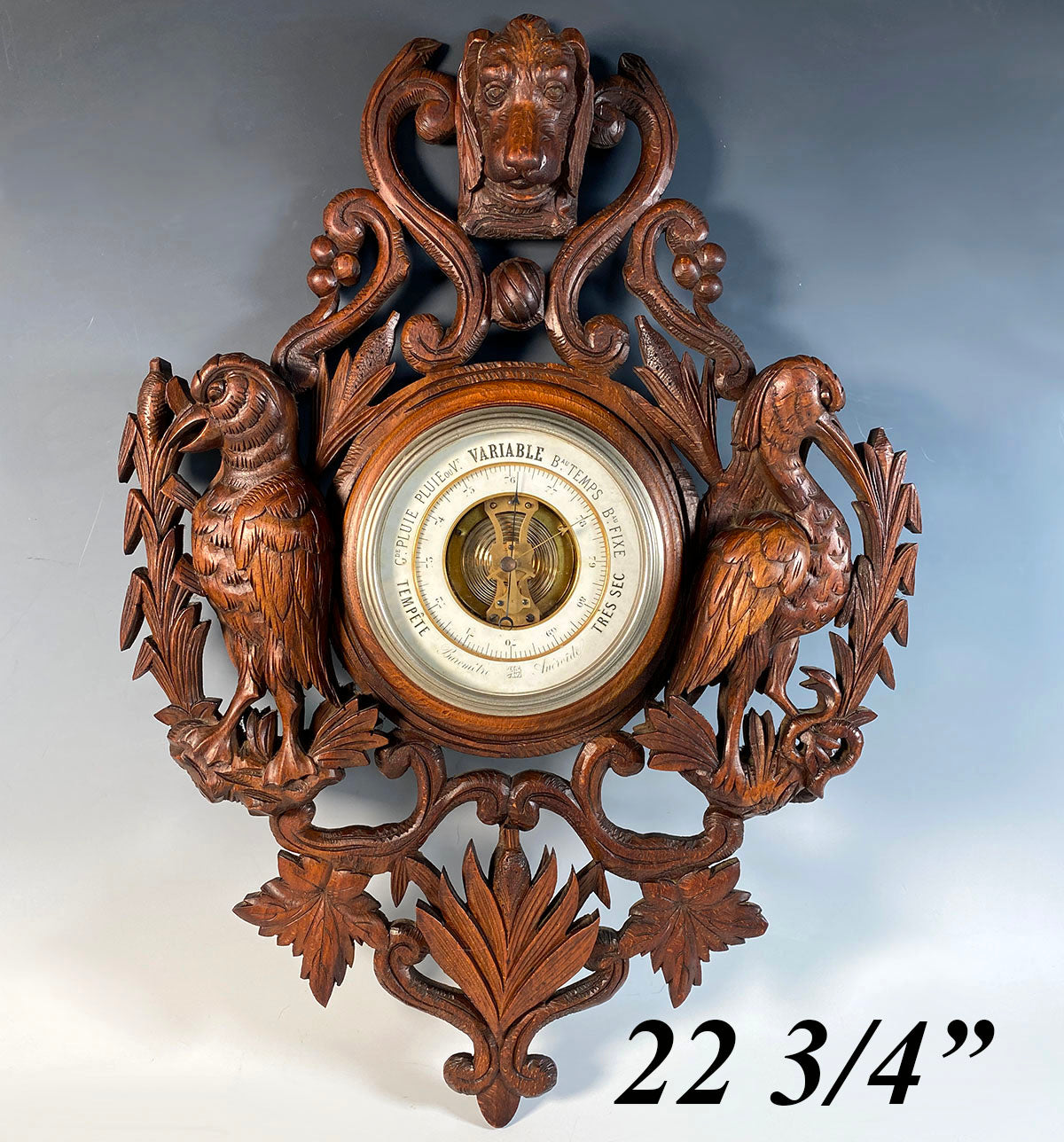 Antique Hand Carved Swiss Black Forest 22 3/4" Dog and Game Plaque with Aneroid Barometer