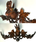 Antique Hand Carved Swiss Black Forest 23 3/4" Hat, Coat Rack, Chamois Goat w Glass Eyes