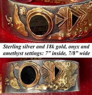Bespoke Dechow Sterling Silver and 18K Gold Bangle Bracelet, Diamond, Onyx, Amethyst Stones