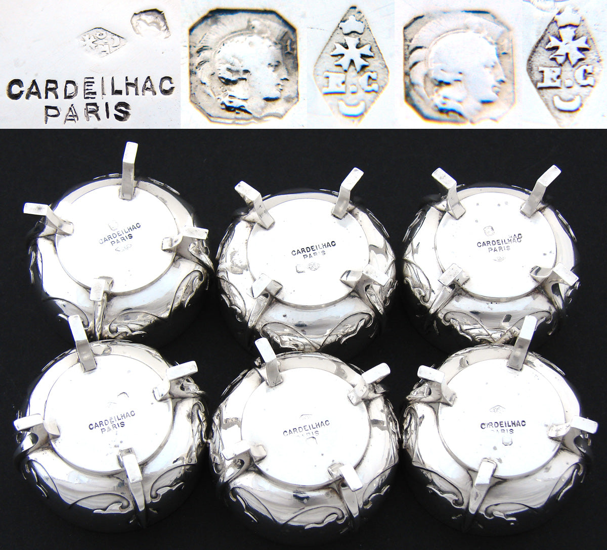 Gorgeous Antique French Cardeilhac Sterling Silver & Vermeil 6pc Open Salt Set
