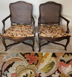 Pair antique c. 1860s (Napoleon III era) Hand Carved French Arm Chairs, Caned Back