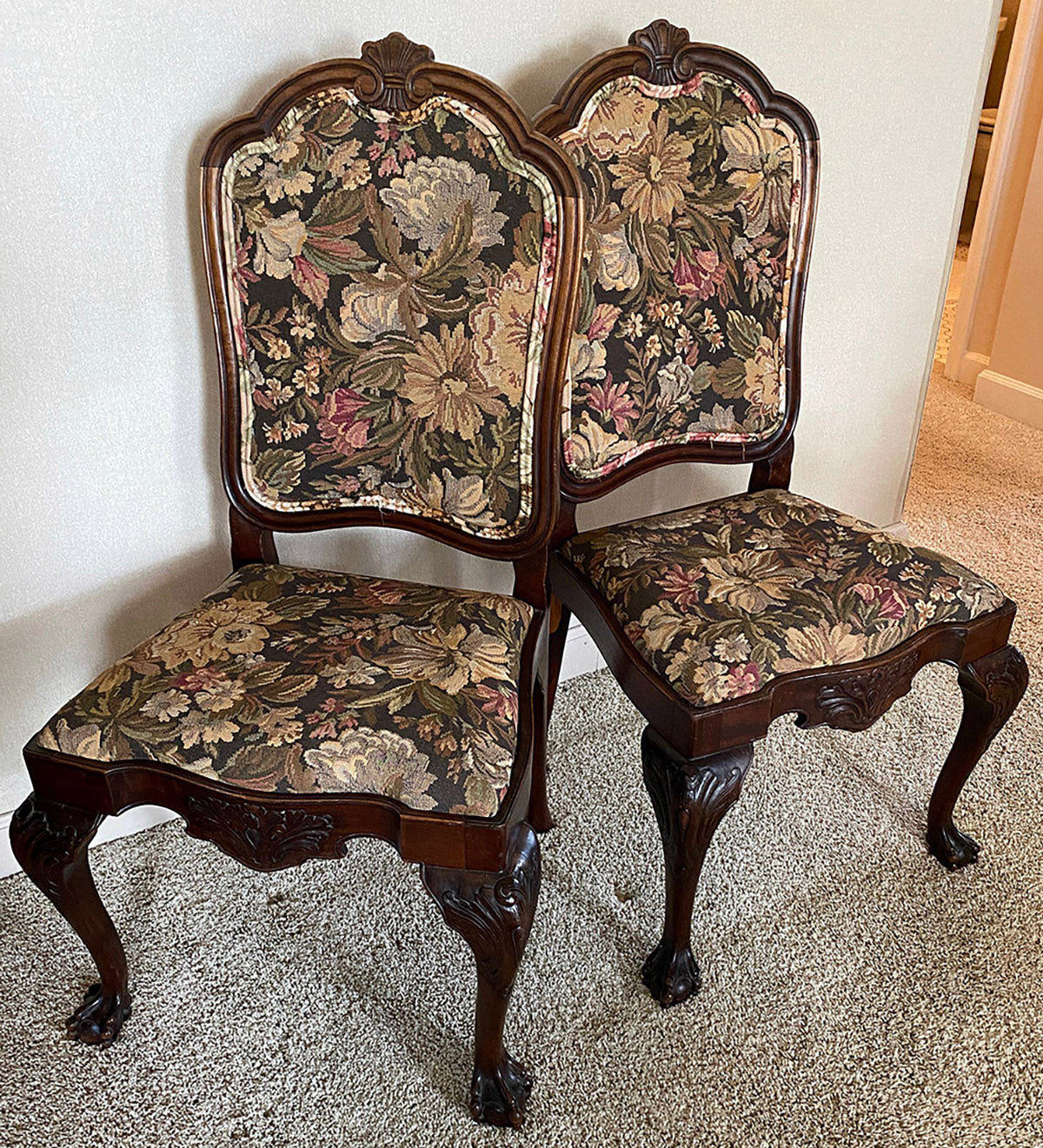 Antique pair of French Louis XV style side chairs.