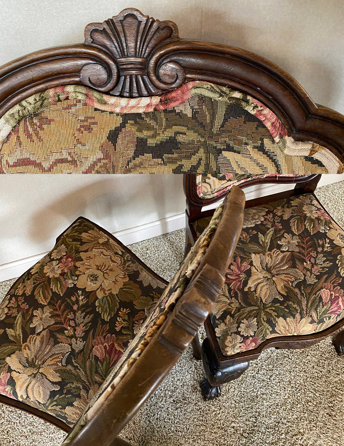 Pair of Antique c. 1860s (Napoleon III era) French Claw Foot Side Chairs, Upholstered