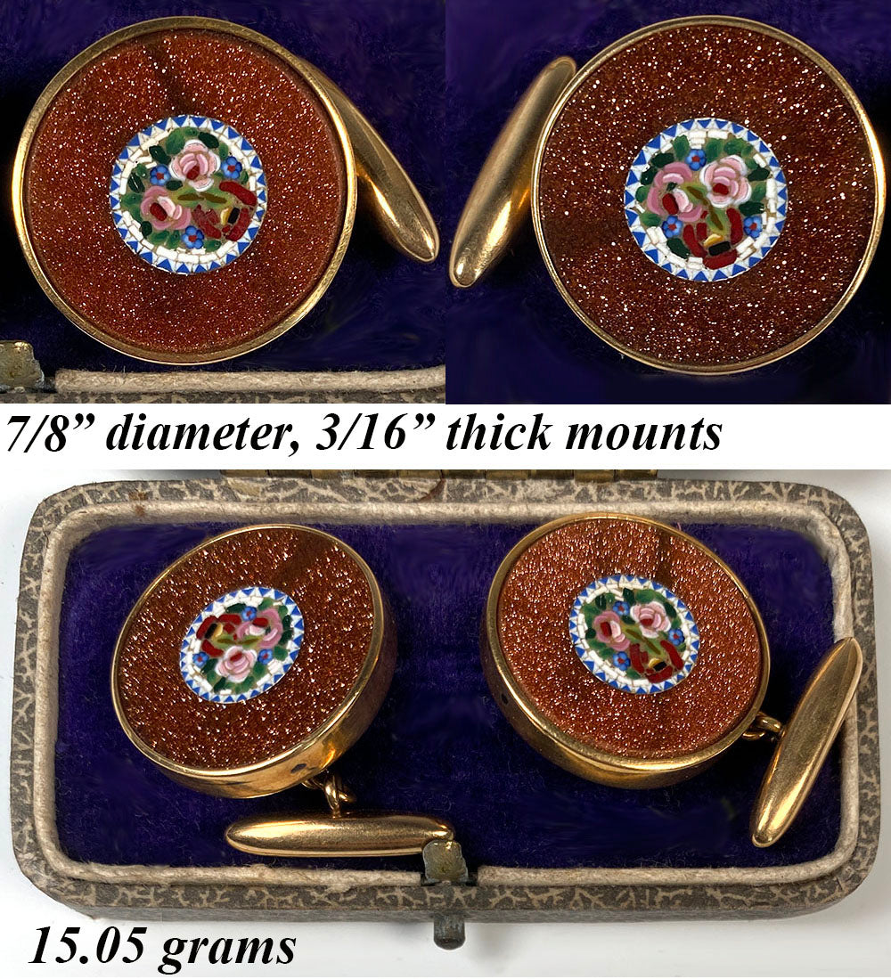 Antique 14k Gold Large Cufflinks Pair Set with Goldstone and Italian Micro Mosaic, in Original Box