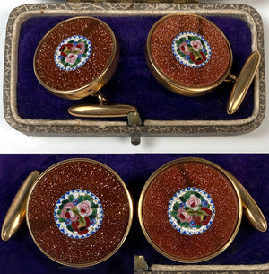 Antique 14k Gold Large Cufflinks Pair Set with Goldstone and Italian Micro Mosaic, in Original Box
