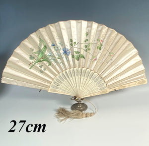 Antique French Hand Painted Silk 27cm Fan, Carved Bone Guard and Sticks, Silk Tassel