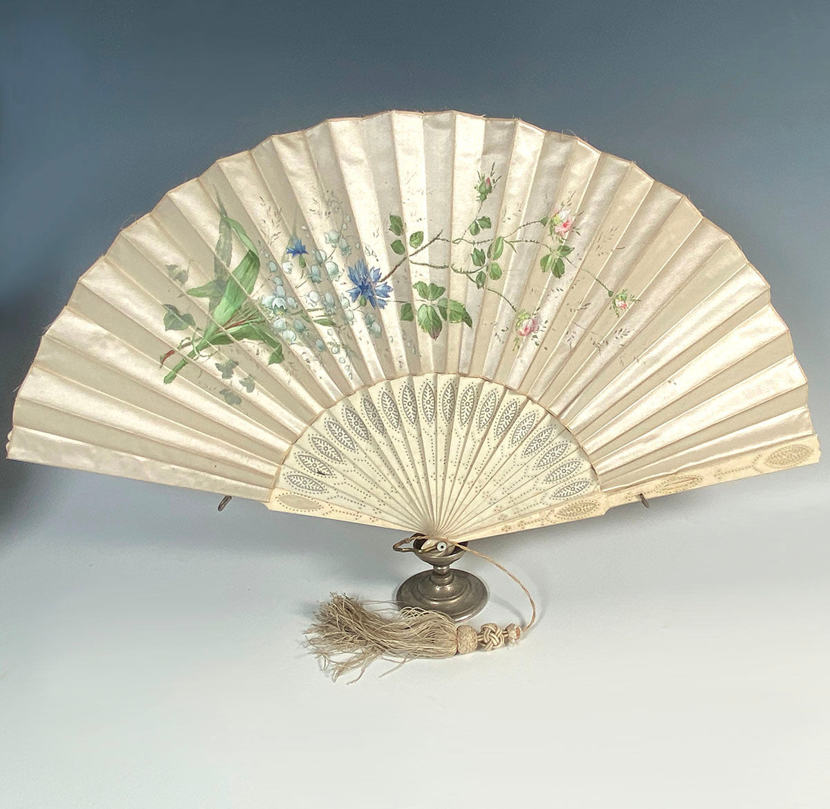 Antique French Hand Painted Silk 27cm Fan, Carved Bone Guard and Sticks, Silk Tassel