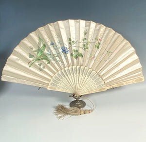 Antique French Hand Painted Silk 27cm Fan, Carved Bone Guard and Sticks, Silk Tassel