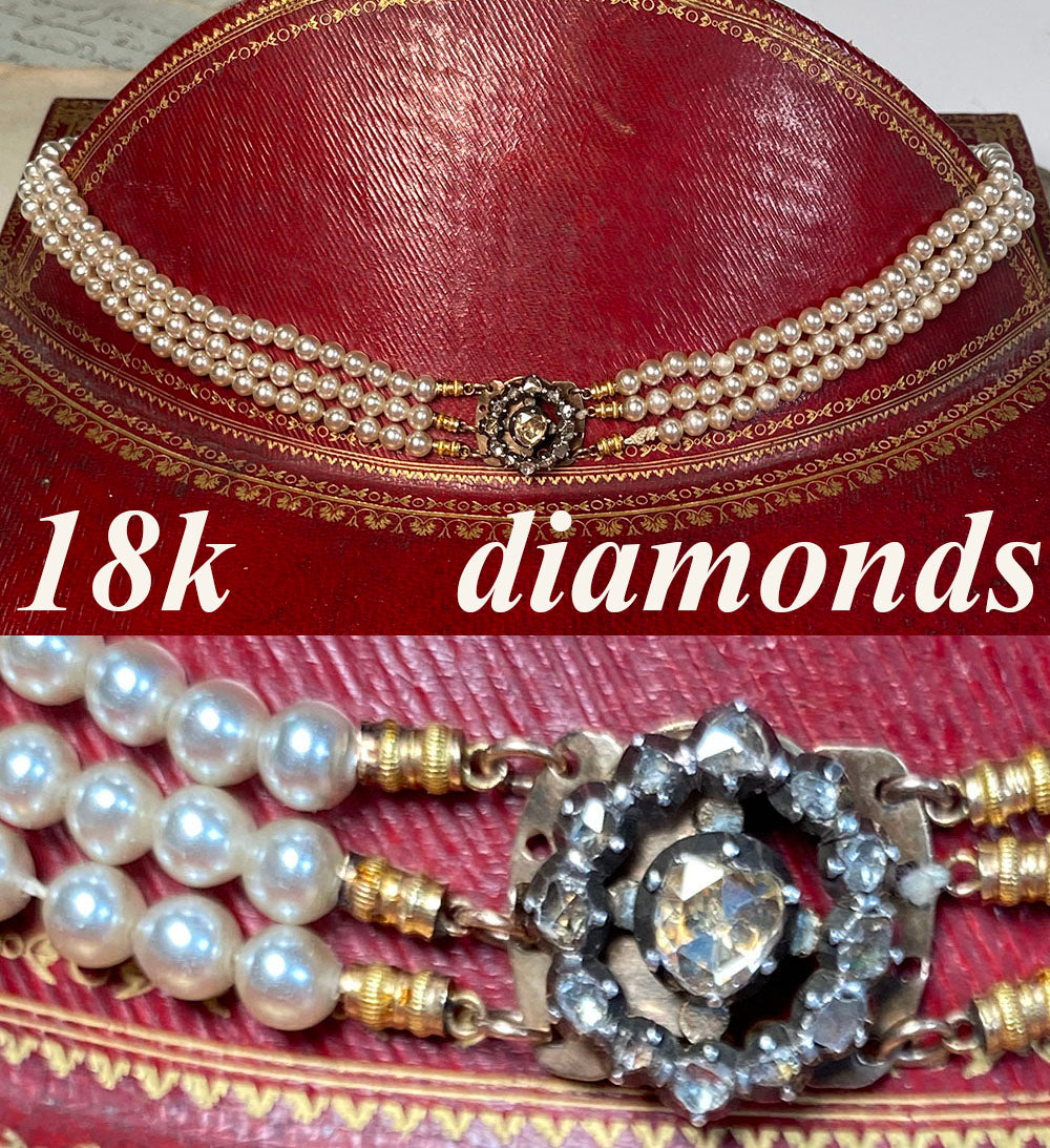 Rare Opulent Antique French Victorian 18k and 6mm Center Diamond Clasp 3-Strand Pearl Necklace