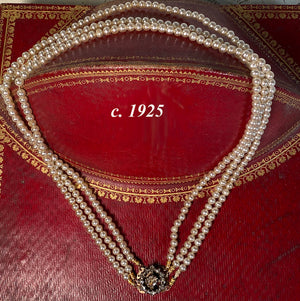Rare Opulent Antique French Victorian 18k and 6mm Center Diamond Clasp 3-Strand Pearl Necklace