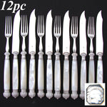 Gorgeous Antique French Sterling Silver & Mother of Pearl 12pc Fruit or Dessert Knife & Fork Set