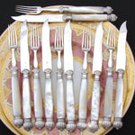 Gorgeous Antique French Sterling Silver & Mother of Pearl 12pc Fruit or Dessert Knife & Fork Set