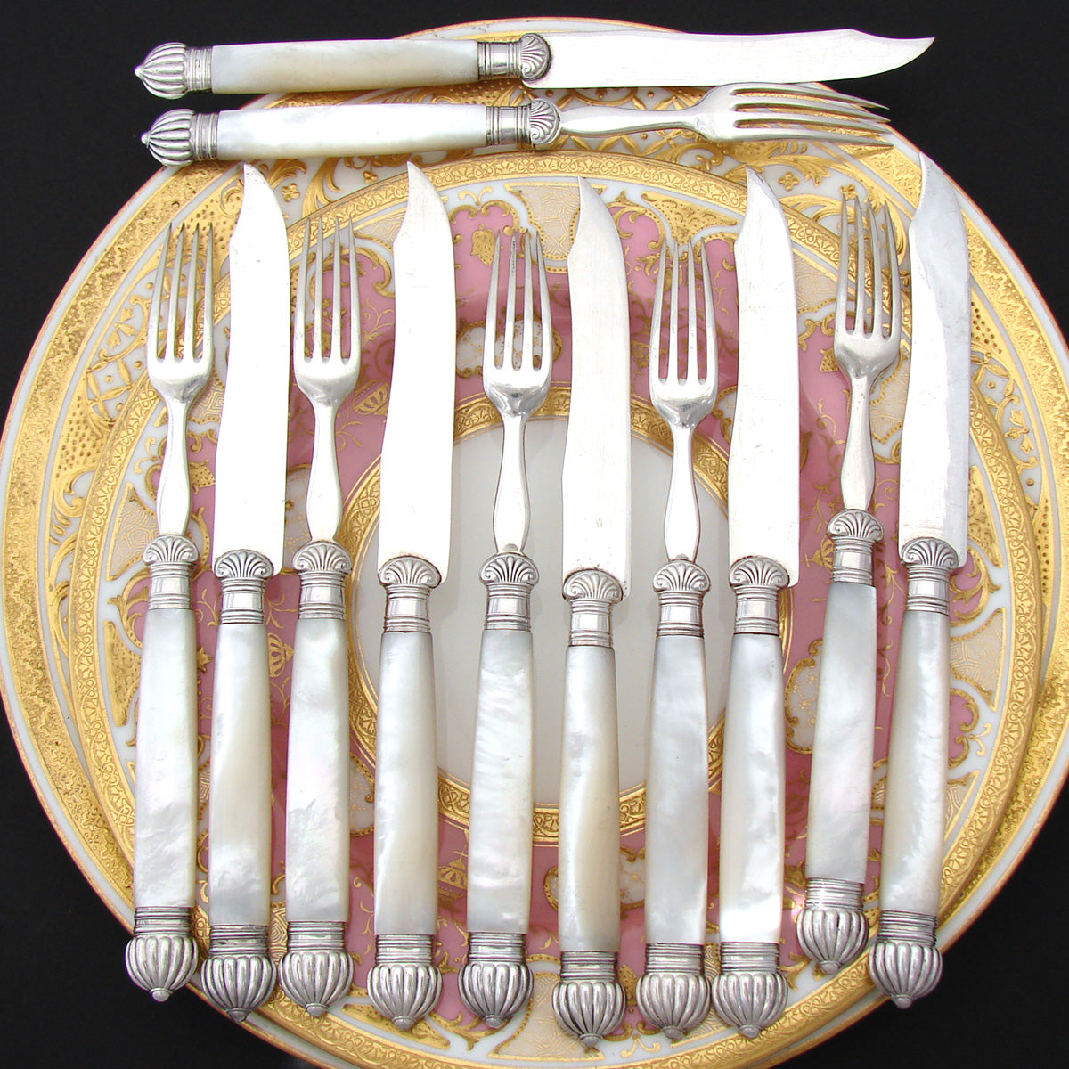 Gorgeous Antique French Sterling Silver & Mother of Pearl 12pc Fruit or Dessert Knife & Fork Set